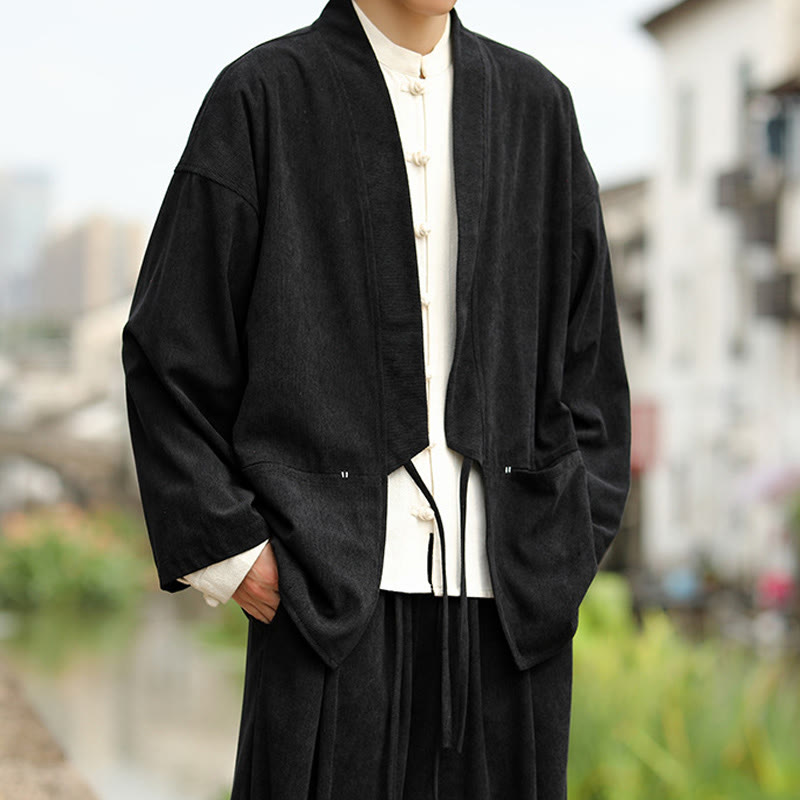 Solid Color Open Front Long Sleeve Jacket Men's Cotton Corduroy Kimono With Pockets