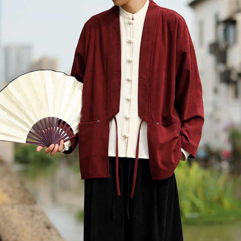 Solid Color Open Front Long Sleeve Jacket Men's Cotton Corduroy Kimono With Pockets