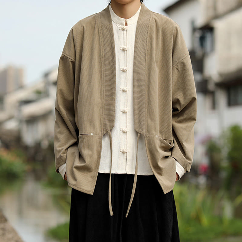 Solid Color Open Front Long Sleeve Jacket Men's Cotton Corduroy Kimono With Pockets
