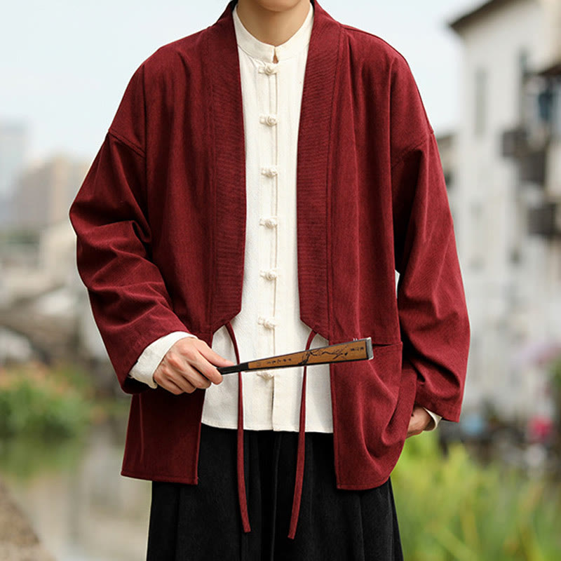 Solid Color Open Front Long Sleeve Jacket Men's Cotton Corduroy Kimono With Pockets