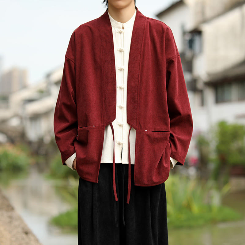 Solid Color Open Front Long Sleeve Jacket Men's Cotton Corduroy Kimono With Pockets