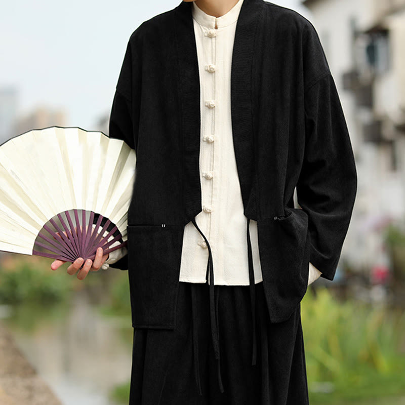 Solid Color Open Front Long Sleeve Jacket Men's Cotton Corduroy Kimono With Pockets