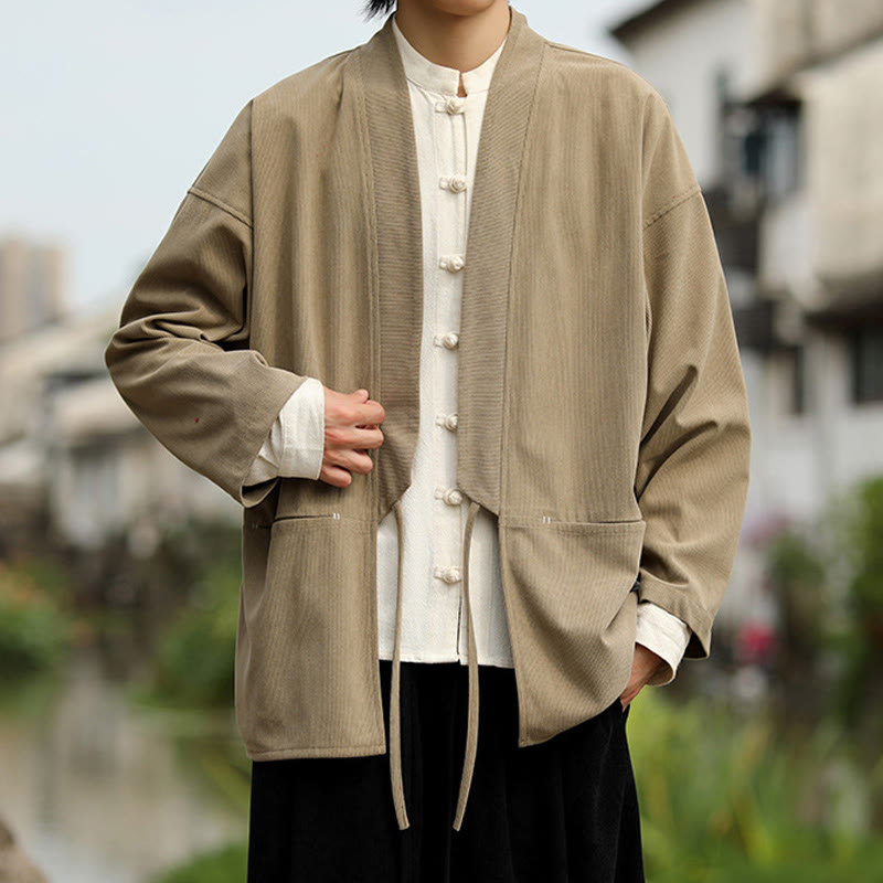 Solid Color Open Front Long Sleeve Jacket Men's Cotton Corduroy Kimono With Pockets