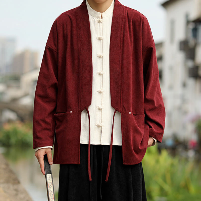 Solid Color Open Front Long Sleeve Jacket Men's Cotton Corduroy Kimono With Pockets