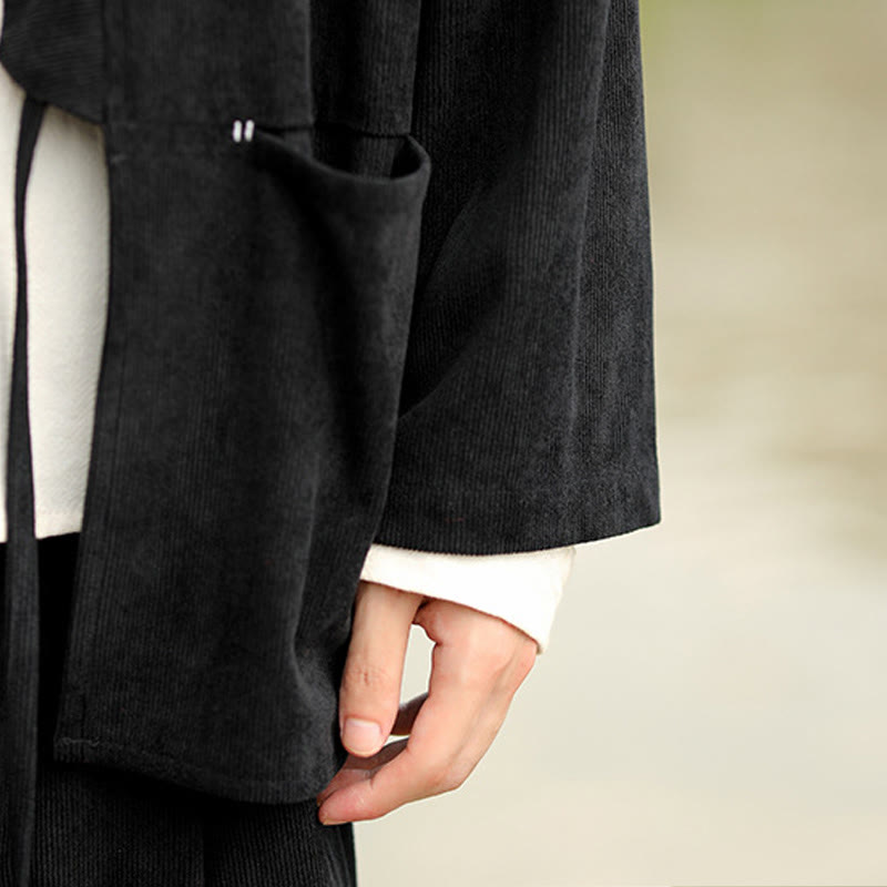 Solid Color Open Front Long Sleeve Jacket Men's Cotton Corduroy Kimono With Pockets