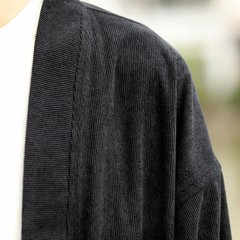 Solid Color Open Front Long Sleeve Jacket Men's Cotton Corduroy Kimono With Pockets