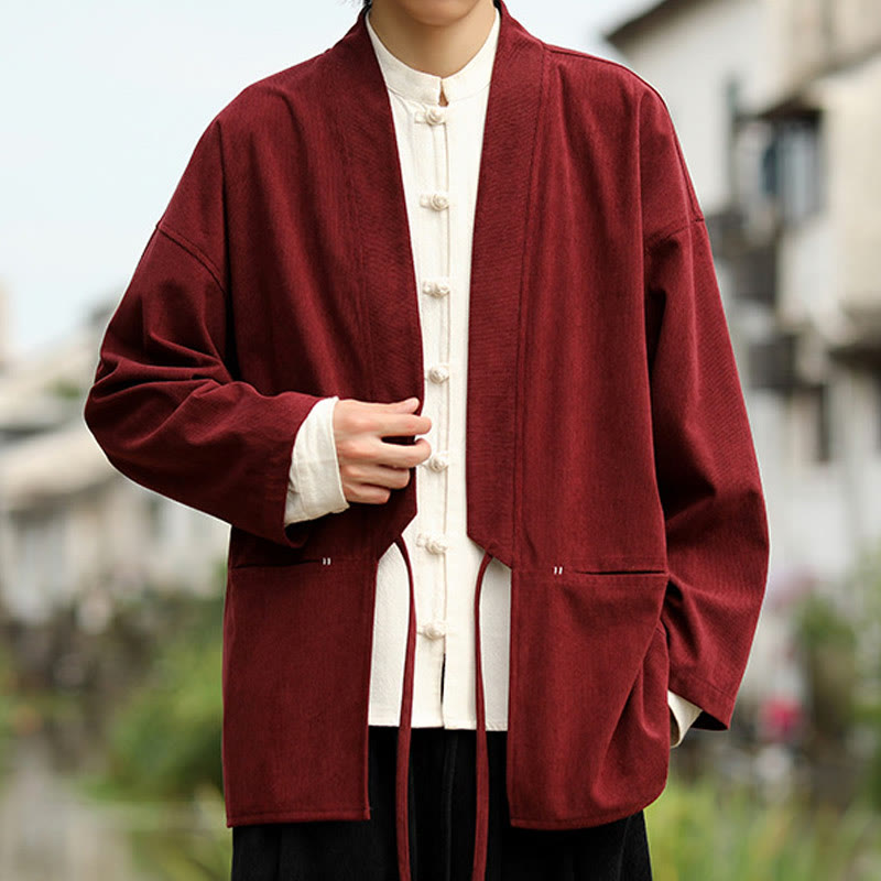 Solid Color Open Front Long Sleeve Jacket Men's Cotton Corduroy Kimono With Pockets
