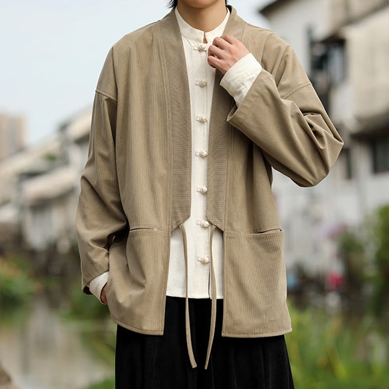 Solid Color Open Front Long Sleeve Jacket Men's Cotton Corduroy Kimono With Pockets