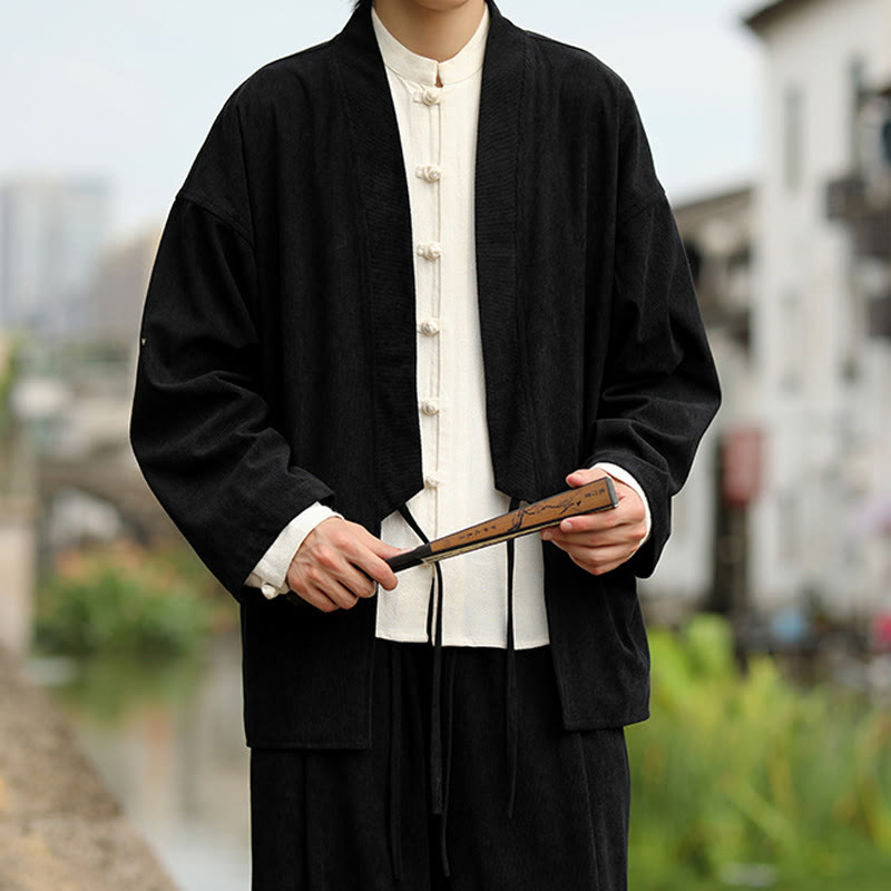 Solid Color Open Front Long Sleeve Jacket Men's Cotton Corduroy Kimono With Pockets