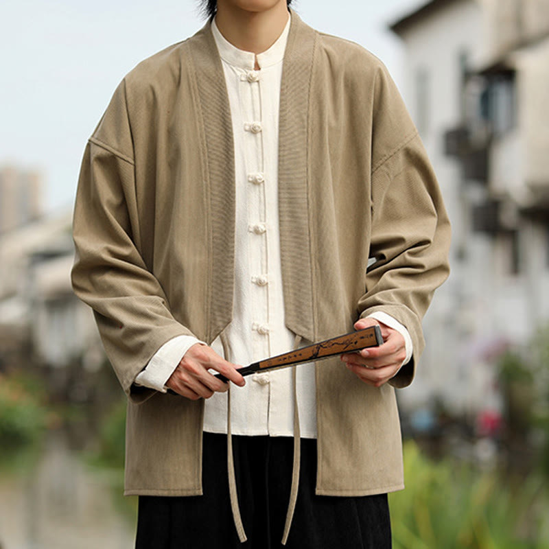 Solid Color Open Front Long Sleeve Jacket Men's Cotton Corduroy Kimono With Pockets