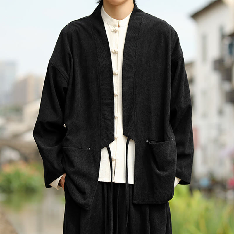 Solid Color Open Front Long Sleeve Jacket Men's Cotton Corduroy Kimono With Pockets