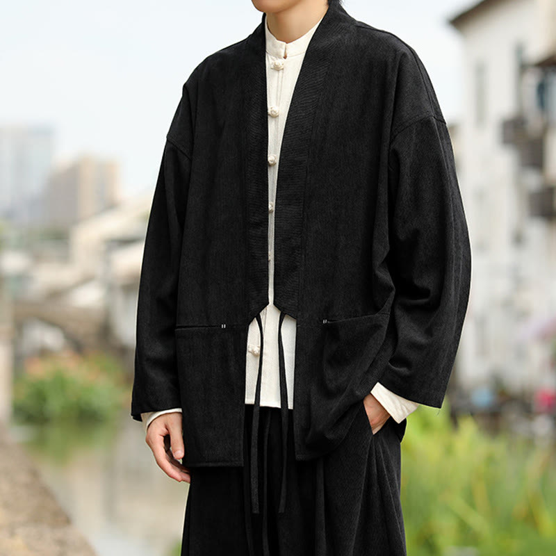 Solid Color Open Front Long Sleeve Jacket Men's Cotton Corduroy Kimono With Pockets
