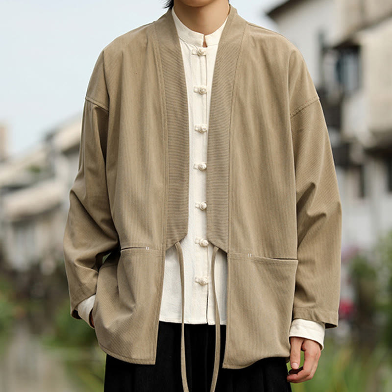 Solid Color Open Front Long Sleeve Jacket Men's Cotton Corduroy Kimono With Pockets