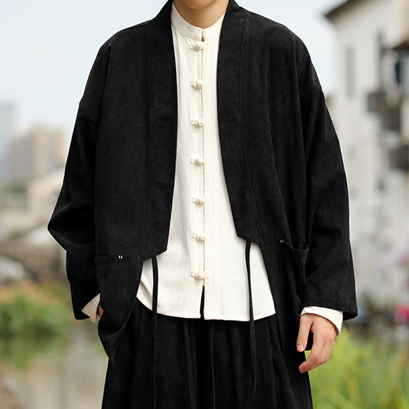 Solid Color Open Front Long Sleeve Jacket Men's Cotton Corduroy Kimono With Pockets