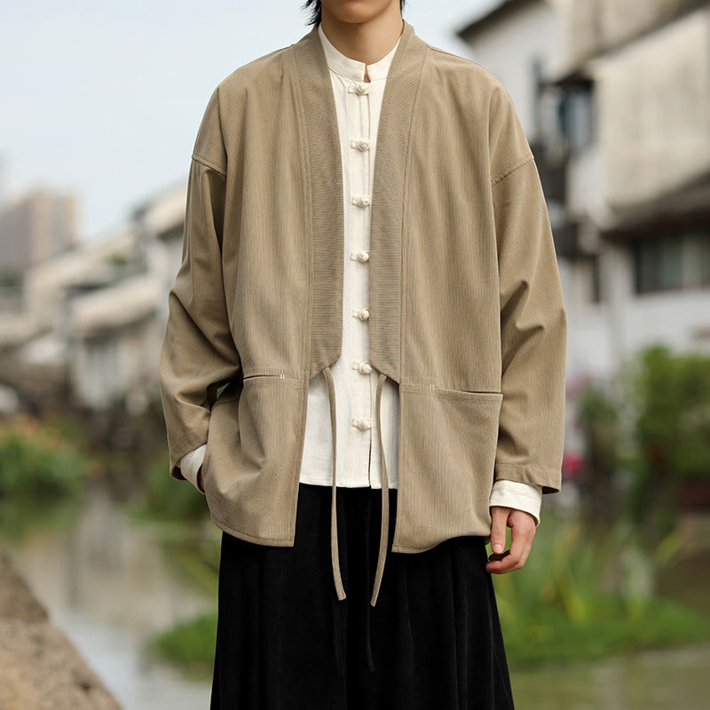 Solid Color Open Front Long Sleeve Jacket Men's Cotton Corduroy Kimono With Pockets