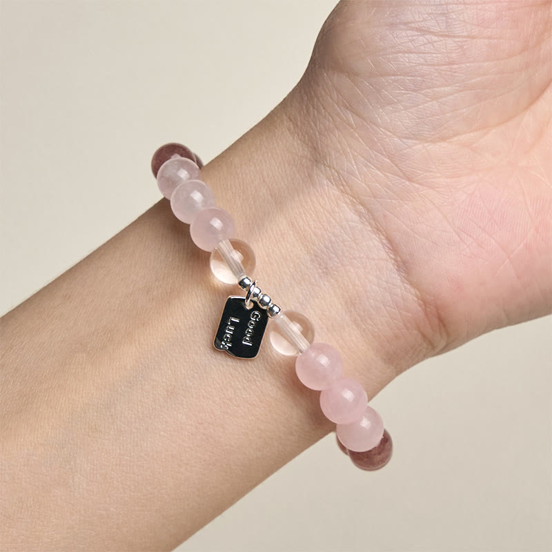 Natural Strawberry Quartz & Lotus Beaded Gemstone Bracelet with Amethyst or Rose Quartz