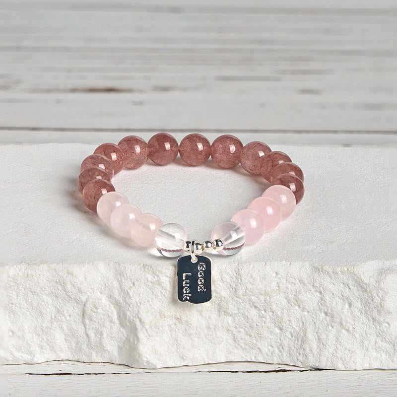 Natural Strawberry Quartz & Lotus Beaded Gemstone Bracelet with Amethyst or Rose Quartz