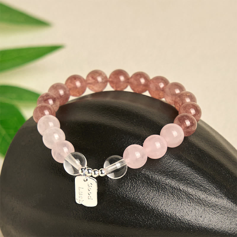 Natural Strawberry Quartz & Lotus Beaded Gemstone Bracelet with Amethyst or Rose Quartz