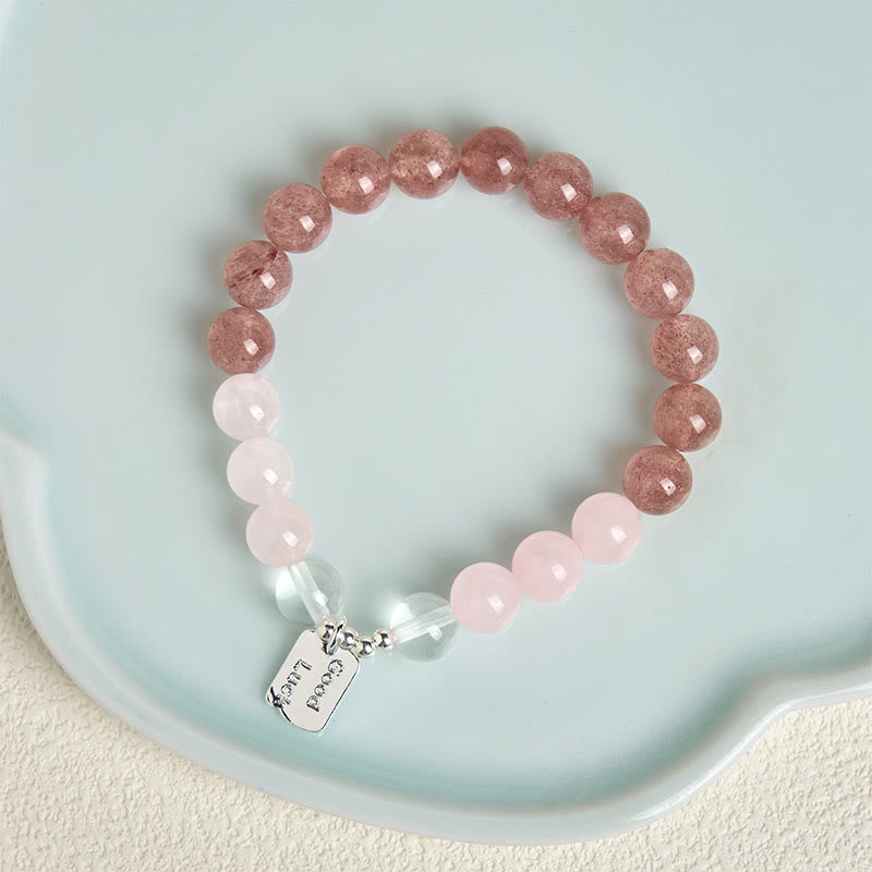 Natural Strawberry Quartz & Lotus Beaded Gemstone Bracelet with Amethyst or Rose Quartz