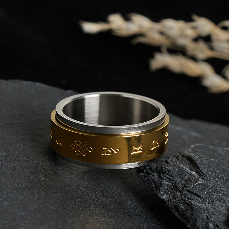 Tibetan Om Mani Padme Hum Titanium Steel Kinetic Spinner Peace Ring