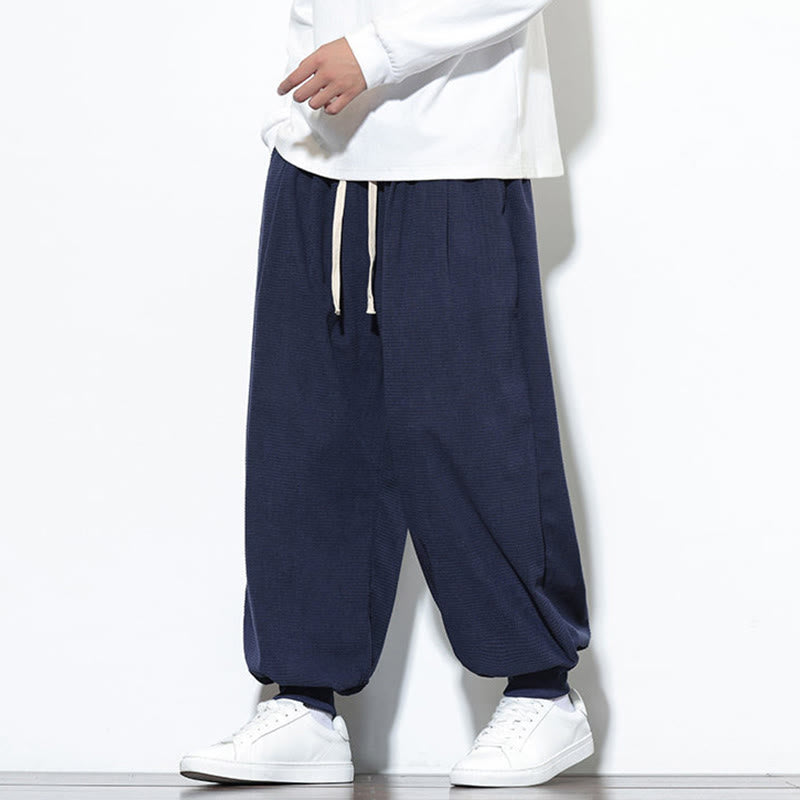 Fall Plain Drawstring Simple Design Men's Harem Cotton Corduroy Pants With Pockets