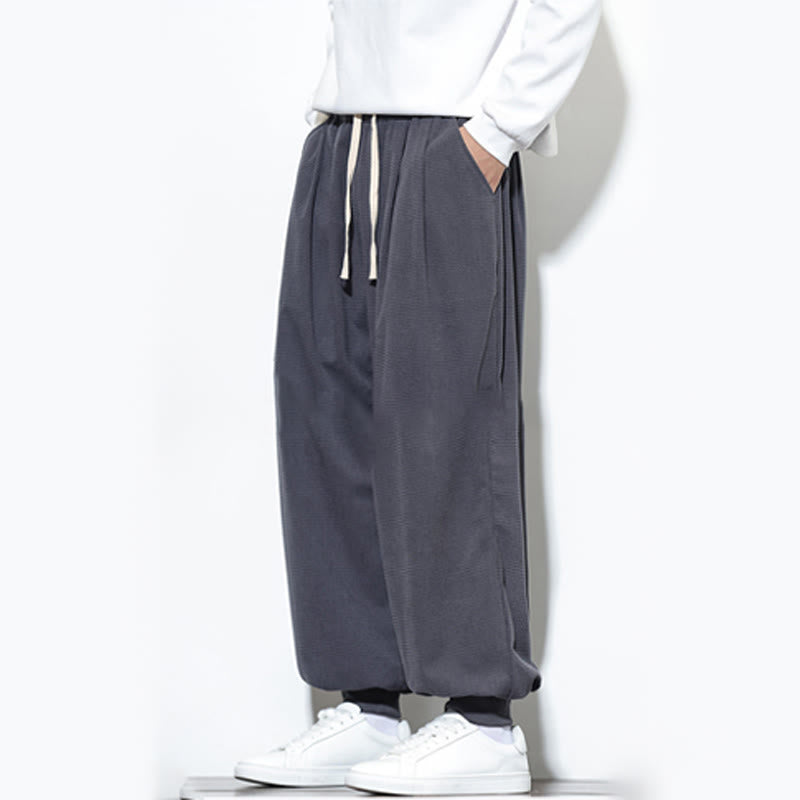Fall Plain Drawstring Simple Design Men's Harem Cotton Corduroy Pants With Pockets