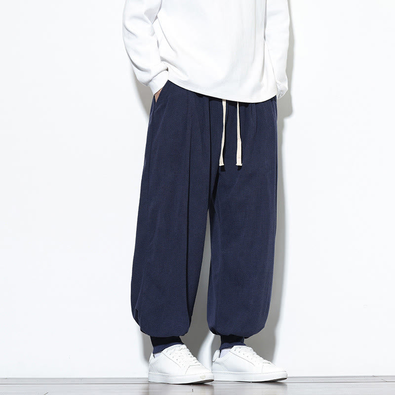 Fall Plain Drawstring Simple Design Men's Harem Cotton Corduroy Pants With Pockets
