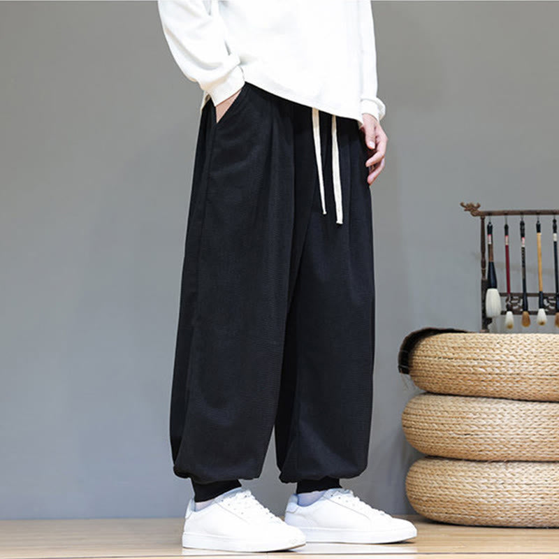 Fall Plain Drawstring Simple Design Men's Harem Cotton Corduroy Pants With Pockets