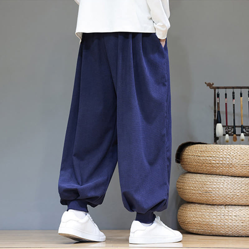 Fall Plain Drawstring Simple Design Men's Harem Cotton Corduroy Pants With Pockets