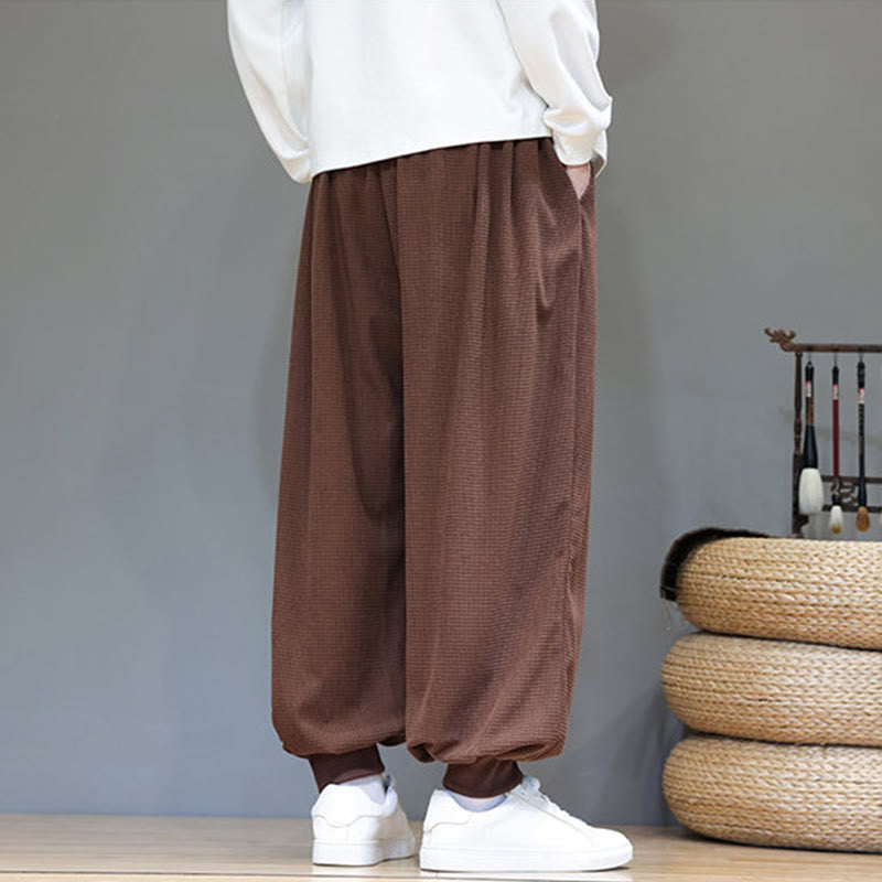 Fall Plain Drawstring Simple Design Men's Harem Cotton Corduroy Pants With Pockets