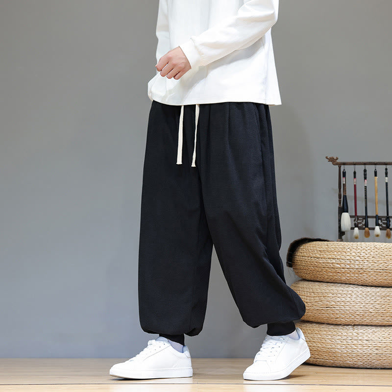 Fall Plain Drawstring Simple Design Men's Harem Cotton Corduroy Pants With Pockets