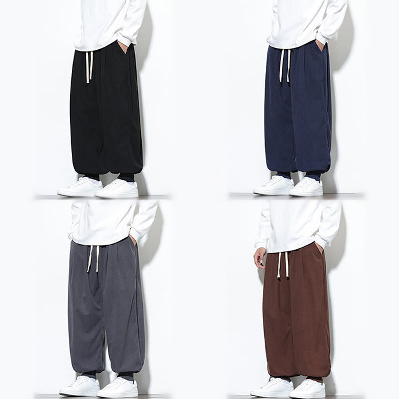 Fall Plain Drawstring Simple Design Men's Harem Cotton Corduroy Pants With Pockets