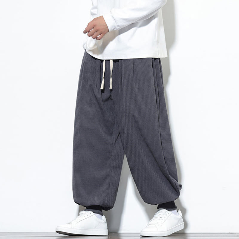 Fall Plain Drawstring Simple Design Men's Harem Cotton Corduroy Pants With Pockets