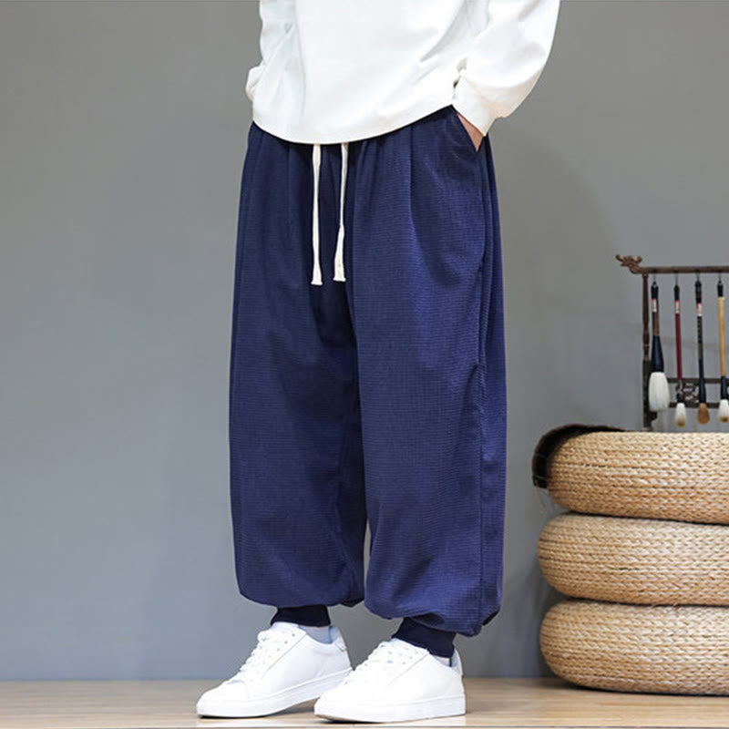 Fall Plain Drawstring Simple Design Men's Harem Cotton Corduroy Pants With Pockets