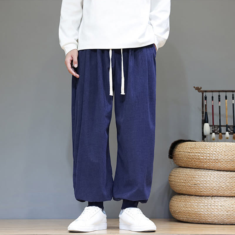 Fall Plain Drawstring Simple Design Men's Harem Cotton Corduroy Pants With Pockets