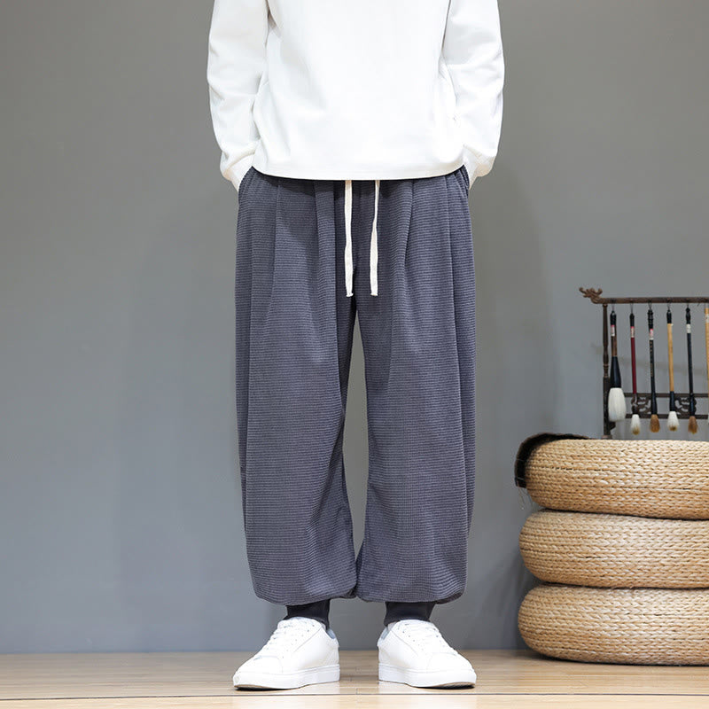 Fall Plain Drawstring Simple Design Men's Harem Cotton Corduroy Pants With Pockets