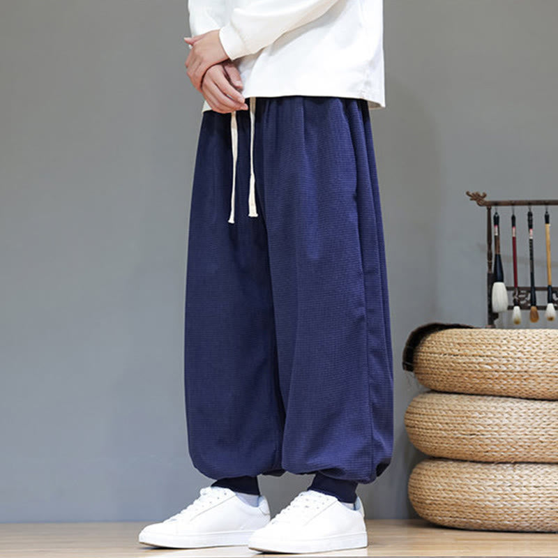 Fall Plain Drawstring Simple Design Men's Harem Cotton Corduroy Pants With Pockets
