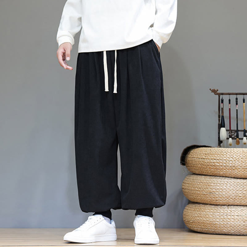 Fall Plain Drawstring Simple Design Men's Harem Cotton Corduroy Pants With Pockets
