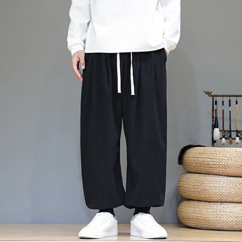 Fall Plain Drawstring Simple Design Men's Harem Cotton Corduroy Pants With Pockets