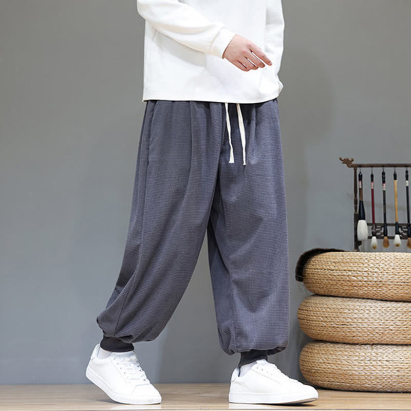 Fall Plain Drawstring Simple Design Men's Harem Cotton Corduroy Pants With Pockets