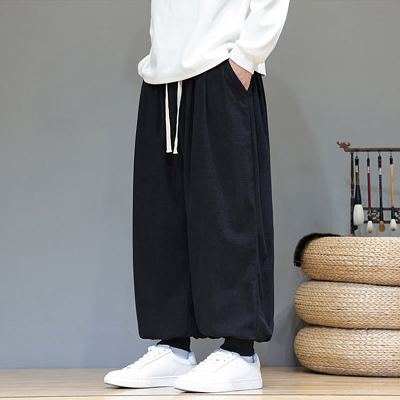 Fall Plain Drawstring Simple Design Men's Harem Cotton Corduroy Pants With Pockets