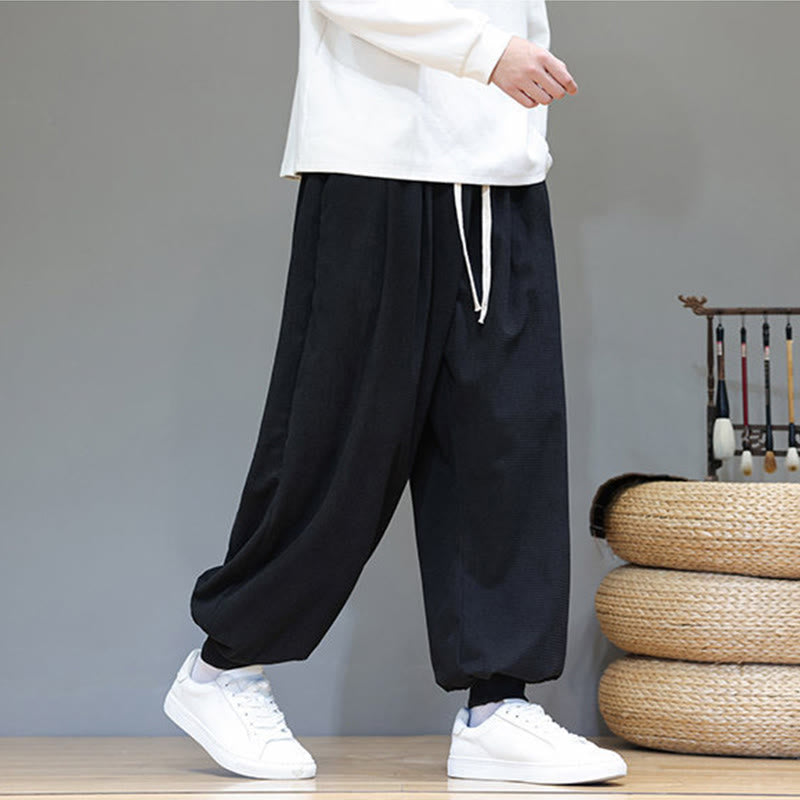 Fall Plain Drawstring Simple Design Men's Harem Cotton Corduroy Pants With Pockets