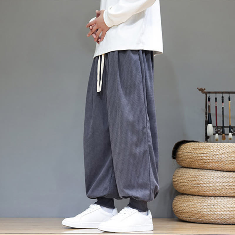 Fall Plain Drawstring Simple Design Men's Harem Cotton Corduroy Pants With Pockets