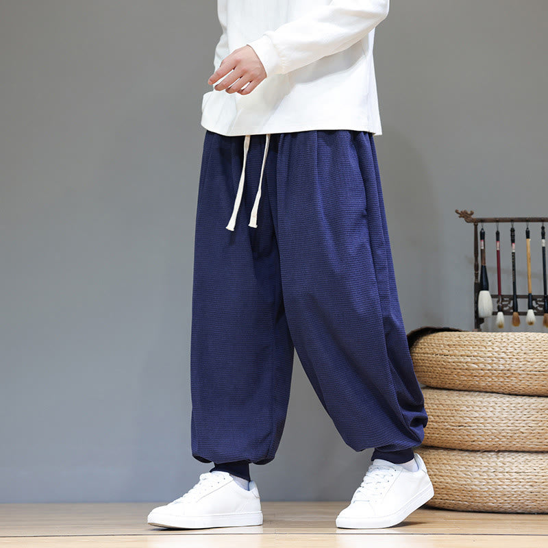 Fall Plain Drawstring Simple Design Men's Harem Cotton Corduroy Pants With Pockets