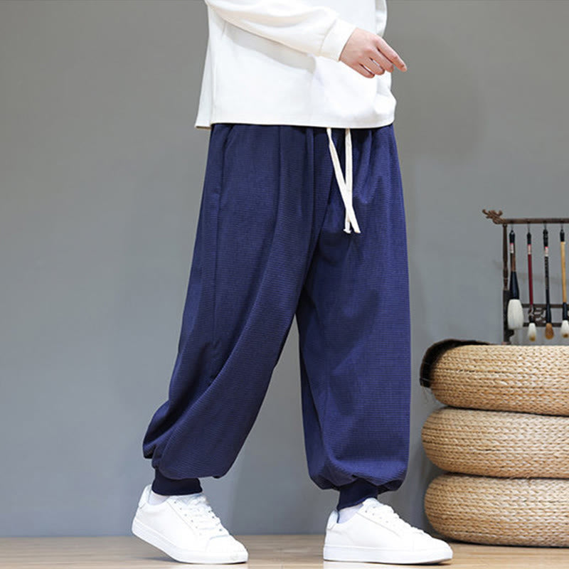 Fall Plain Drawstring Simple Design Men's Harem Cotton Corduroy Pants With Pockets