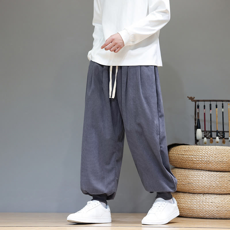 Fall Plain Drawstring Simple Design Men's Harem Cotton Corduroy Pants With Pockets