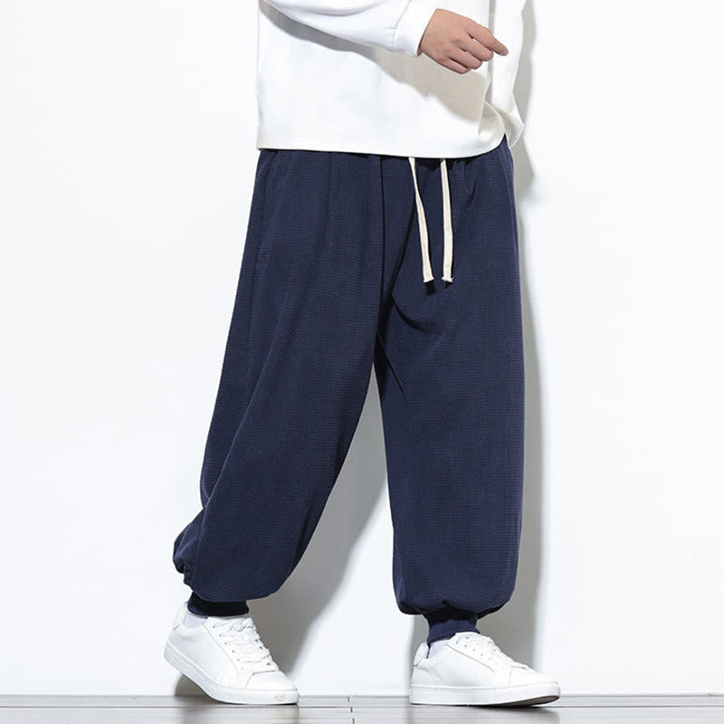 Fall Plain Drawstring Simple Design Men's Harem Cotton Corduroy Pants With Pockets