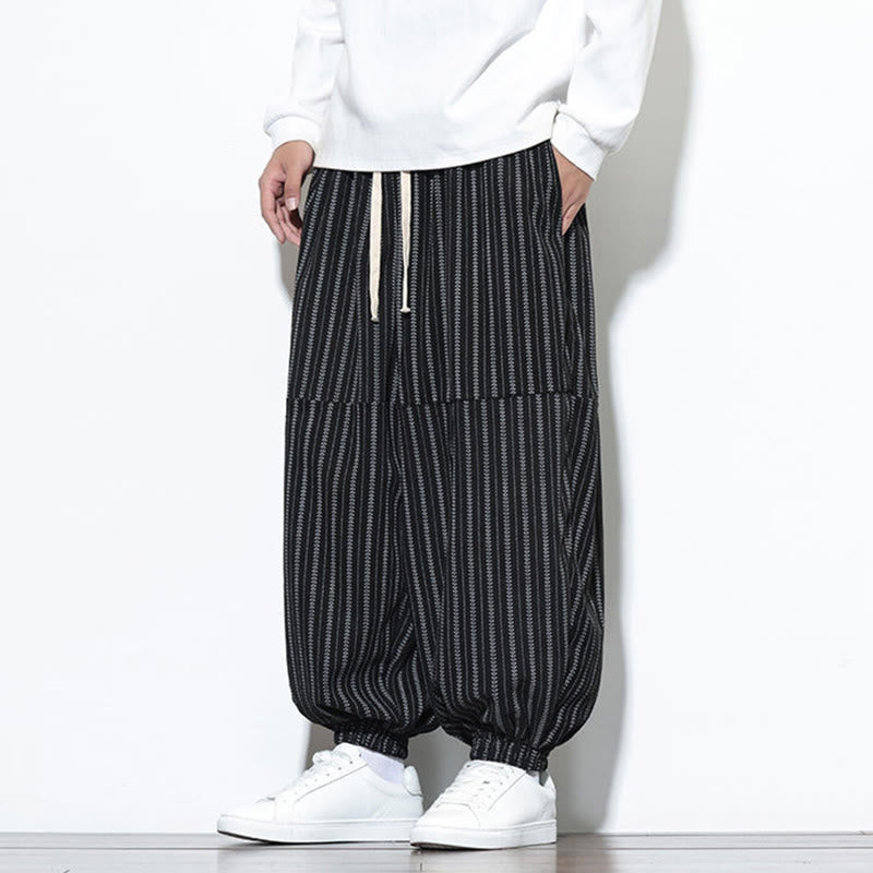 Fall Striped Pattern Drawstring Men's Harem Corduroy Pants With Pockets