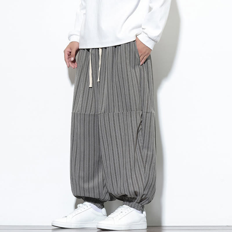 Fall Striped Pattern Drawstring Men's Harem Corduroy Pants With Pockets