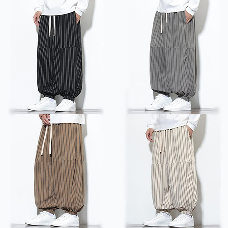 Fall Striped Pattern Drawstring Men's Harem Corduroy Pants With Pockets